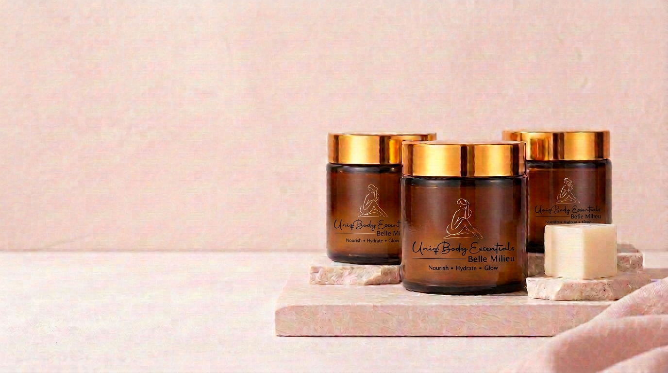 UniqBodyEssentials amber shea butter jars with gold lids